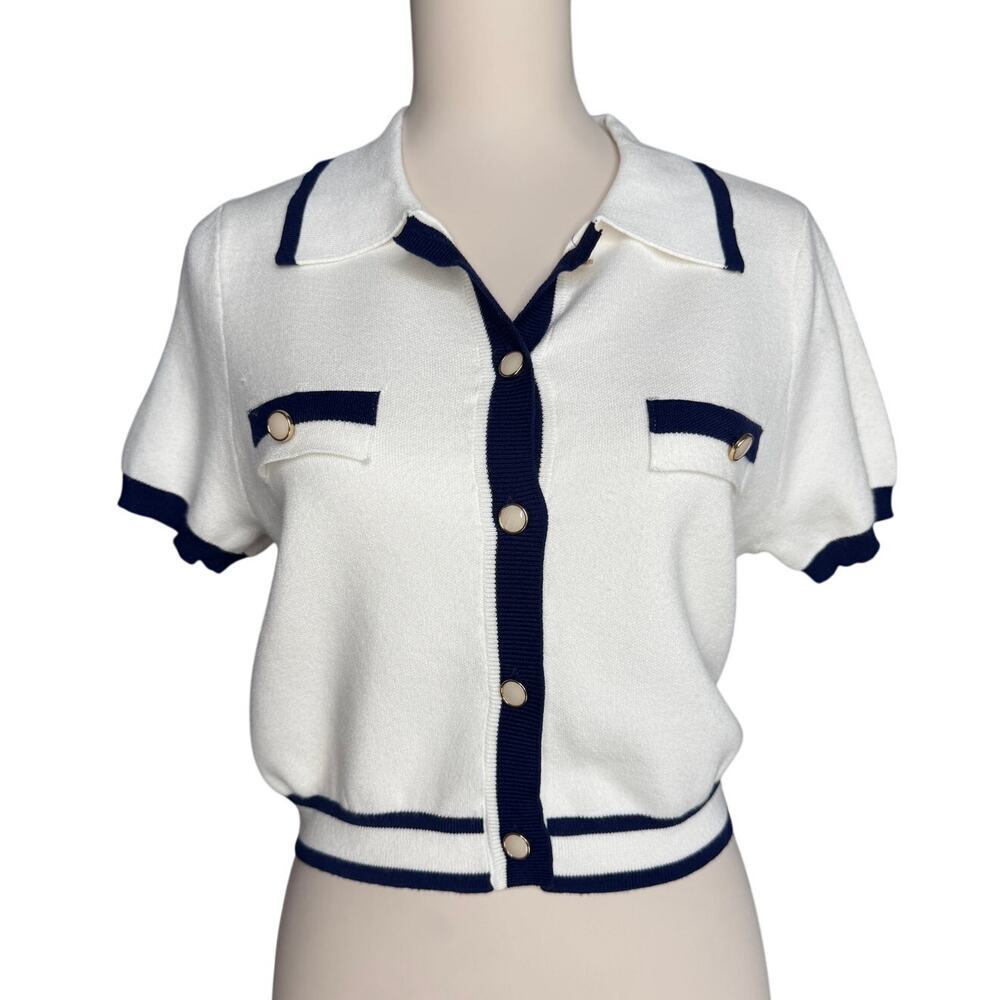 Willow & Wind Navy and White Nautical Sailor Short Sleeve Sweater Size Large